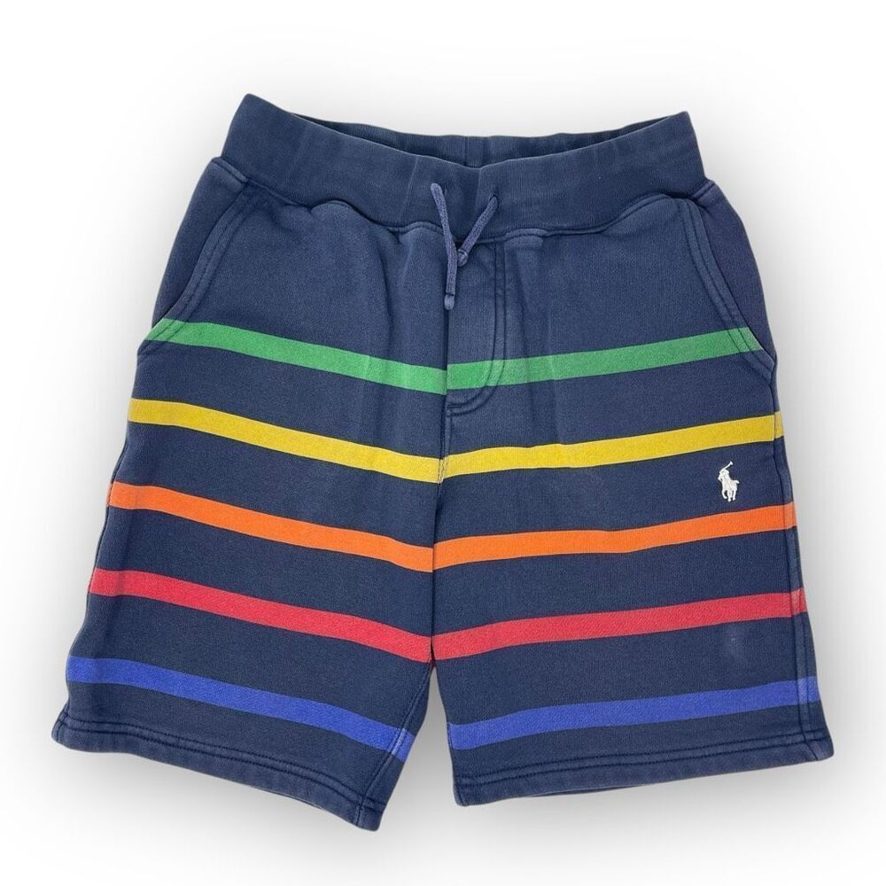 Polo Ralph Lauren Fleece Blue Rainbow Striped Shorts Boys Size Medium 10-12